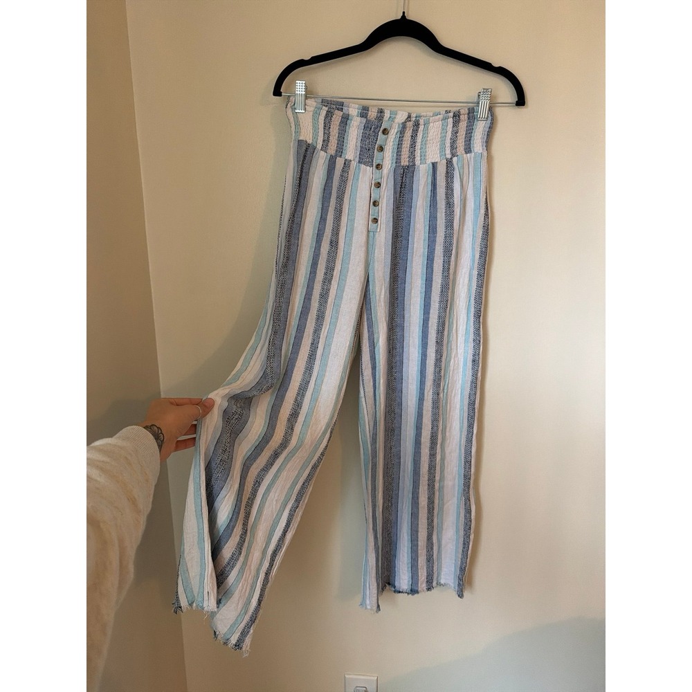 Wide leg flowy linen pants stretchy casual hippy beach coastal stripe clean girl